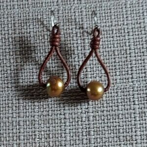 Handmade Light Green Pearl And Brown Leather Dangle Earrings